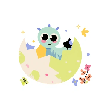 A cute dragon hatchling with large, bright curious eyes is peeking out from a cracked, pastel-colored egg. The egg has patterns of light green and pink speckles. The hatchling has soft, scaly skin in shades of turquoise and yellow, and tiny wings are partially unfurling from its back. Surrounding the egg are small sparkles and colorful flowers, adding a playful touch to the scene.