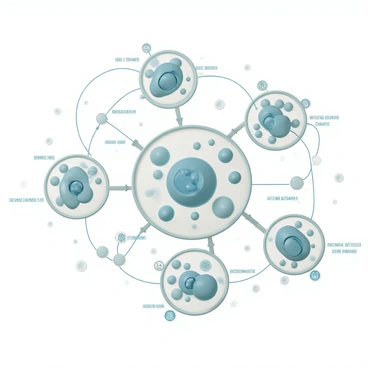 A detailed illustration showing a close-up view of animal cells interacting with each other. Each cell is depicted with a semi-transparent outer membrane, revealing various organelles within. The cells are surrounded by a fluid-filled environment, and numerous labeled pathways are illustrated, showing how signals are transmitted between them. Some pathways consist of arrows indicating the direction of the signal flow, while others include icons representing different types of signals such as hormones or neurotransmitters. Each pathway is clearly labeled for easy identification. The overall composition features multiple cells in different stages of communication, showcasing the dynamic nature of cell signaling.