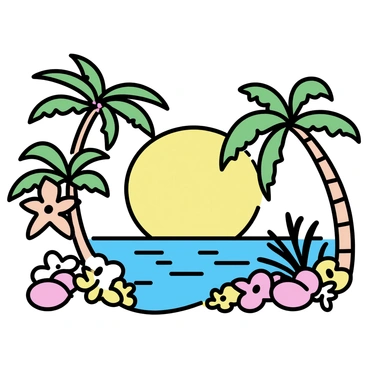 A coloring book page featuring intricate line art of a tropical landscape. The scene includes palm trees, exotic flowers, and a sun setting in the background. The details are filled in with vibrant colors using colored pencils, showcasing bright greens, yellows, pinks, and blues. The colors are blended smoothly within the lines, creating a visually appealing and lively composition.