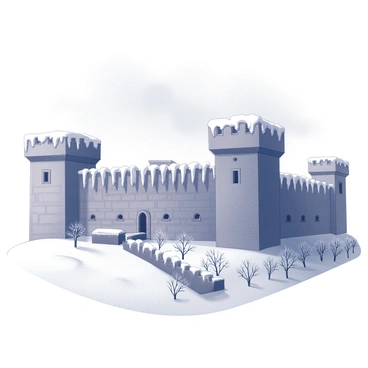 A fortress with sturdy stone walls, covered in a thick layer of snow. Icicles hang from the edges of the walls, glistening in the cold winter air. The battlements rise sharply, with snow accumulating on the parapets. In the foreground, a blanket of pristine snow covers the ground, and the bare branches of nearby trees are dusted with frost. The sky above is overcast, hinting at the chill of winter.