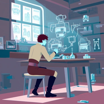 A young Anakin Skywalker with light skin and short, messy brown hair is focused intently on assembling a droid. He is wearing a simple beige tunic and a pair of brown tunics. The cluttered Tatooine workshop around him is filled with various mechanical parts, tools, and half-finished projects. Sunlight filters in through a dusty window, casting soft shadows across the workspace. Anakin is seated at a wooden workbench, with a holographic blueprint of the droid projected in front of him, guiding his movements as he carefully connects wires and components. In the background, a few discarded pieces of machinery and droid parts are scattered around the floor, completing the scene of industrious creativity.