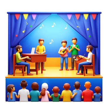 A 3D stage featuring students performing at a school music recital. The stage is adorned with colorful decorations and musical notes. Students are positioned on the stage, playing various instruments such as a piano, guitar, and violin. Some students are singing into microphones, while others are attentively watching their peers. Bright lights illuminate the scene, highlighting the performers. In the audience, parents and friends are clapping and cheering for the students. The overall atmosphere captures the excitement and joy of a school music event.