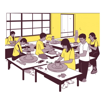 A yellow ceramics workshop is filled with students carefully shaping gray clay on pottery wheels. Each student is focused on their work, with some hands covered in clay while they mold their projects. The wheels spin in a rhythmic motion, and several partially finished pottery pieces are scattered around the students. The workshop has large windows allowing natural light to illuminate the space, highlighting the creative environment. Tools for sculpting and trimming are placed on nearby tables, ready for use.