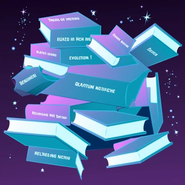 A collection of books floating in mid-air, each book displaying a different scientific theory on its cover. The books are varying sizes and colors, with titles like "Theory of Relativity," "Quantum Mechanics," and "Evolution." Each book is surrounded by a faint glow, emphasizing their importance. The background is a deep space scene with stars and galaxies, providing a cosmic context to the scientific ideas represented. Some pages of the books are slightly open, hinting at the knowledge within.