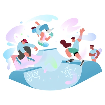 A group of adolescents is skateboarding energetically at a vibrant skate park. One boy with a blue skateboard is performing a trick on a ramp, with his skateboard elevated above the surface. A girl in a red helmet is riding down a rail, her hair flowing behind her. Another boy is waiting at the side, holding a skateboard and wearing a green t-shirt. Colorful graffiti covers the walls around the skate park, with various designs and patterns. The atmosphere is lively, with bright colors enhancing the sense of movement and energy.