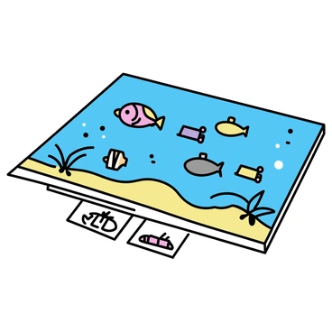 An underwater exploration board game setting is displayed. The game board features a vibrant blue ocean scene with various sea creatures, including a colorful clownfish, an elegant sea turtle, and a majestic manta ray. There are several submarine pieces in different colors, designed to resemble small submarines, positioned on the board. The game includes cards with illustrations of additional sea creatures and treasure chests. The overall layout is structured in a way that conveys a sense of adventure and exploration beneath the ocean surface.