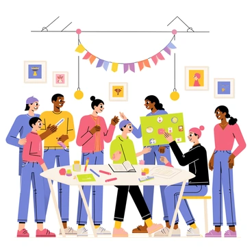 A group of flat illustration artists sharing their works and techniques at a local art meetup.