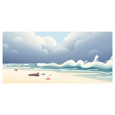 A deserted beach stretches across the foreground, with soft, pale sand that is slightly damp from recent waves. The ocean waves are crashing energetically against the shore, sending up a mist of white spray. The sky above is filled with thick, gray clouds that appear heavy and foreboding. There are patches of darker sea in the distance where the waves are more tumultuous. A few scattered seashells and pieces of driftwood are visible on the sand, while small pools of water reflect the cloudy sky. The atmosphere is tranquil, yet conveys the power of the ocean.