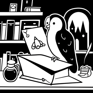 An owl with intricate feather details perched on a desk, holding a letter in its beak. The letter features the "Hogwarts" emblem prominently on the envelope. In the background, there are shelves filled with potions and ancient books. A dimly lit room adds a sense of mystery, while an ornate quill and inkpot sit nearby. A faint silhouette of the castle can be seen through a window, enhancing the magical atmosphere.