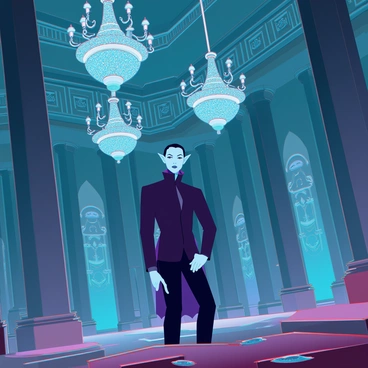 An ancient painting showcasing "Nosferatu," a pale vampire with sharp fangs and elongated features, standing in a grand hall. The hall features towering, ornate columns and intricate carvings along the walls. Several large, glittering chandeliers hang from the ceiling, casting a dim, eerie light throughout the space. Shadows stretch across the floor, enhancing the ominous atmosphere of the scene. The vampire's eyes glint with an unsettling intensity as he gazes toward the viewer, surrounded by opulent furnishings covered in dust, suggesting a long-abandoned grandeur.