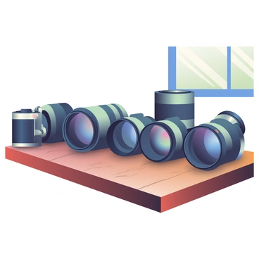 A collection of several camera lenses with different focal lengths is arranged neatly on a polished wooden table. Each lens has distinct characteristics; some are large and wide, while others are small and compact. The lenses are positioned side by side, with a few featuring a black matte finish and others showcasing shiny metallic accents. The wooden table has a warm brown hue, with visible grain patterns and texture adding depth to the scene. Natural light filters in from a nearby window, illuminating the lenses and casting subtle shadows on the table surface.