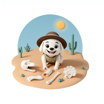 A cartoon dog dressed as an explorer, discovering dinosaur fossils in a desert