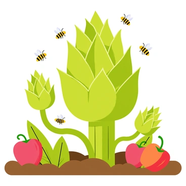 An artichoke plant with large, spiky green leaves is growing prominently in a sunny vegetable garden. The plant features several developing artichokes that are green and slightly purplish at the tips. Around the artichoke, multiple bees are buzzing, with their distinct yellow and black stripes, collecting pollen from flowering plants. The garden has rich, brown soil and is dotted with other vegetables, including tomatoes and bell peppers, all basking in warm sunlight.