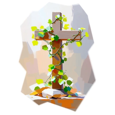 A wooden cross is standing tall, its grain visible in rich browns. It is intertwined with vibrant green vines that wrap around it tightly, creating a dynamic contrast against the wood. Numerous branches with lush leaves extend from the vines, adding a sense of fullness to the composition. The greenery appears to thrive, with bright sunlight illuminating the leaves, casting gentle shadows on the cross's surface. The overall scene is one of harmony and life, with the cross being the central focal point amidst the surrounding greenery.