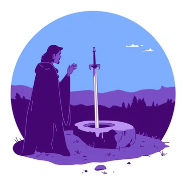 A silhouette of "Merlin" stands thoughtfully in front of "the Sword in the Stone" as dusk approaches. The sky is a gradient of deep "blue" and soft "purple," casting a mystical ambiance around him. Merlin, with a flowing robe that flutters slightly in the evening breeze, gazes intently at the sword embedded in a rugged stone pedestal. The sword's hilt glimmers faintly in the dim light, while the stone shows signs of age and weathering. Small patches of grass surround the stone, and faint outlines of trees can be seen in the background, adding to the enchanting scene.