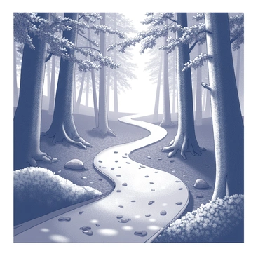 A winding pathway meanders through a dense forest, surrounded by tall trees with thick trunks and an abundance of leaves. The ground is covered with fallen leaves and small stones, creating a natural walkway. Sunlight filters through the canopy above, casting dappled light on the path and illuminating patches of greenery. The foliage on the trees varies in shape and size, creating a rich texture. In the distance, the pathway seems to curve gently out of sight, inviting exploration.