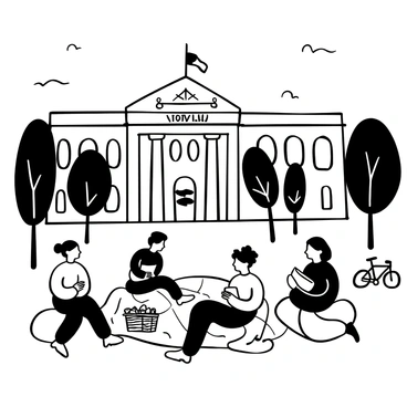 A group of people sitting on the grass at College Green, some are reading books while others are playing frisbee. A picnic blanket is spread out with a basket of food and drinks. In the background, "City Hall" is prominently displayed on a large building with architectural details like columns and windows. Trees are scattered throughout the area, providing shade to some of the people. A few bicycles are parked nearby.