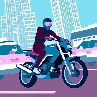 A motorcyclist in a sleek, futuristic helmet and a form-fitting black leather suit is skillfully weaving through busy city traffic. The motorcycle features a streamlined design with glowing neon accents. Surrounding the motorcyclist, various vehicles like cars and buses are moving in different directions, creating a sense of motion and urgency. In the background, towering skyscrapers rise against a clear blue sky, their glass façades reflecting sunlight. The scene captures the dynamic energy of urban life as the motorcyclist navigates through the bustling streets.