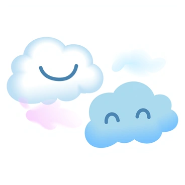 Two fluffy clouds are floating in a bright blue sky. One cloud is shaped in a way that suggests a joyful expression, with a rounded, cheerful body and light, airy contours. The other cloud is more elongated and has a droopy form, depicting a somber demeanor. The sunlight casts a soft glow around them, enhancing the contrast between the two clouds. A gentle gradient of pastel colors fills the background, transitioning from soft pink to light blue, creating a serene atmosphere.