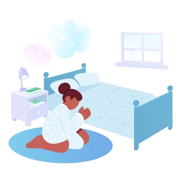 A child kneeling with hands clasped in silent prayer by their bedside