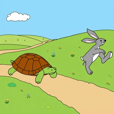 A vibrant countryside scene featuring a tortoise and a hare racing across lush green fields under a bright blue sky. The tortoise, with a textured brown shell and a determined expression, is moving steadily forward, while the hare, with long ears and a sleek gray body, is sprinting ahead with a playful grin. Nearby, colorful wildflowers dot the landscape, and a few fluffy white clouds drift lazily in the sky. A winding dirt path cuts through the fields, adding depth to the scene as the two animals compete in this lively race.