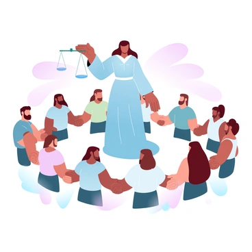 "Themis" is depicted as a tall, regal figure draped in flowing robes, holding a balanced scale in one hand. Around her, a circle of diverse individuals representing different backgrounds is formed, each person holding hands. The individuals vary in attire, symbolizing various cultures and traditions. Each figure stands confidently, showcasing their unique features and attire, creating a vibrant tapestry of unity. The background radiates soft, gradient pastel colors, enhancing the sense of harmony and connection among the group.