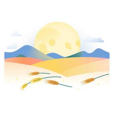 A large "harvest moon" is rising in the night sky, casting a warm, golden glow over the landscape. The moon is full and luminous, with visible craters and a soft halo of light surrounding it. Below, a field of "fallen wheat stalks" stretches across the foreground, their golden tips gently swaying in the evening breeze. The wheat is scattered across the ground, creating a textured carpet of soft yellows and browns. In the background, subtle silhouettes of distant hills can be seen against the twilight sky, adding depth to the scene.