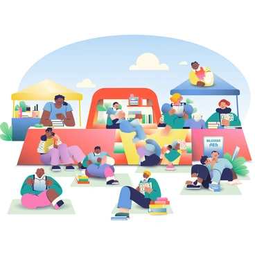 A lively outdoor book festival is taking place under a bright blue sky. Colorful tents in shades of red, yellow, and blue are set up in rows. Several authors are seated at tables, signing books for excited fans, with stacks of their novels visible nearby. Attendees of diverse backgrounds are browsing through various book displays, some holding books and chatting enthusiastically with friends. There are small groups gathered around the tents, and a few children are sitting on the grass, engrossed in their stories. The scene is filled with vibrant energy and enthusiasm for literature.