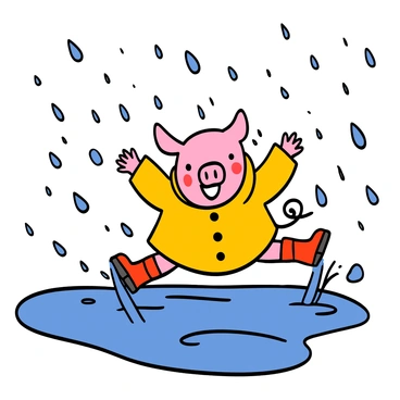 A pig with pink skin and a cheerful expression is wearing a bright yellow raincoat and red rubber boots. It is joyfully splashing in large puddles, sending water droplets flying in different directions. The sky is gray with heavy rain, and more puddles surround the pig on the ground, reflecting the falling raindrops. The pig's ears are perked up, and its tail is curled, showcasing its excitement in the playful moment.