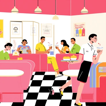 A mid-century diner with a bright red and white color scheme. Inside, several patrons are seated at chrome-edged booths, smiling as they enjoy thick, frosty milkshakes topped with whipped cream and cherries. A classic jukebox in the corner has colorful lights and displays vintage records. A waitress with a white blouse and a black skirt carries a tray filled with burgers and fries. The floor is checkered with black and white tiles. Vintage posters decorate the walls, showcasing soda ads and rock 'n' roll bands. The atmosphere is vibrant, filled with laughter and the sounds of upbeat music.
