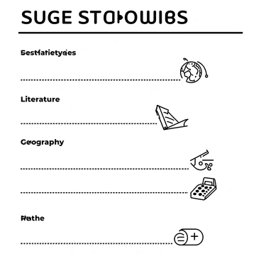 A syllabus presented as an infographic, featuring distinct sections for each subject. Each section includes a clear title within quotes. Alongside the titles, there are various icons representing the subjects, such as a book for literature, a globe for geography, and a calculator for mathematics. The layout is organized in columns, with each subject separated by bold lines. The graphics are intricate, showcasing detailed illustrations for each icon, all designed in black-and-white lineart style.