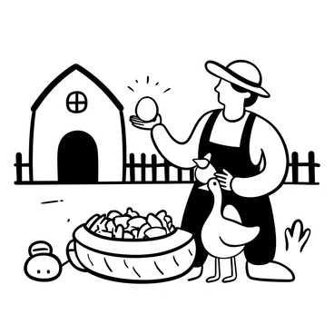A farmer with a straw hat crouches beside a nest filled with straw and feathers. He holds a shiny "golden egg" in his hand, looking at it with wide eyes. A goose stands beside him, its neck stretched out as it watches the farmer. The background features a simple barn and a wooden fence, with a few scattered farm tools on the ground.