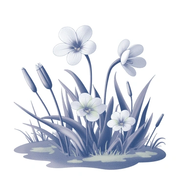 A variety of flowers in full bloom at the edge of a bog. The flowers include large, open blooms with distinct shapes and patterns. Some have broad petals while others feature delicate, slender petals. The flowers are surrounded by lush green foliage, with leaves of varying sizes and shapes providing a vibrant backdrop. The bog itself features a subtle texture, with patches of soft moss and reeds framing the scene. The entire composition captures the natural beauty and diversity of the flowers and their environment.