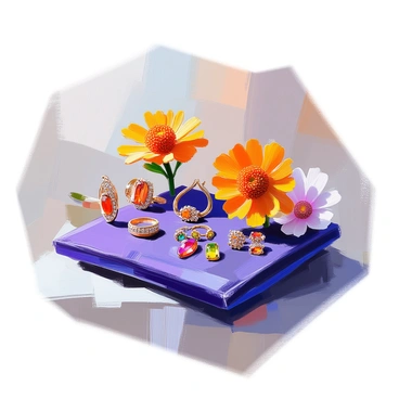 A collection of intricate jewelry pieces inspired by "calendula flowers" is elegantly arranged on a rich, "deep blue velvet" display. The jewelry includes "golden earrings" shaped like the petals of calendula, a "delicate necklace" with a central pendant resembling a blooming flower, and "rings" adorned with vibrant orange and yellow gemstones that mimic the flower's colors. The soft texture of the velvet contrasts with the shiny surfaces of the jewelry, highlighting each piece's craftsmanship and floral inspiration.