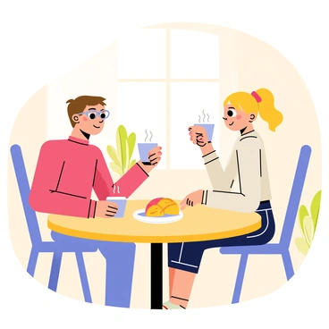 Two people sitting at a round wooden table in a cozy café. One person has short brown hair and wears glasses, while the other has long blonde hair tied back in a ponytail. They each hold a steaming cup of coffee. A small plate with two pastries sits in the center of the table. The background features a soft, warm light coming from a nearby window, casting gentle shadows on the walls decorated with plants and artwork. The expression on their faces reflects calmness and respect as they engage in a thoughtful conversation, creating an inviting atmosphere of dialogue.