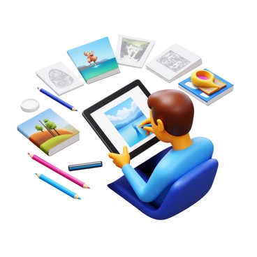 An illustrator sketching on a tablet, surrounded by creative tools and reference images