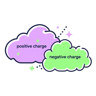 Two clouds are depicted, one cloud is labeled with "positive charge" and is larger, fluffy, with a bright outline. The other cloud, labeled "negative charge," is smaller, with sharper edges and a more compact form. The two clouds are positioned close together, with a few small spark-like symbols between them to illustrate interaction. In the background, a subtle gradient enhances the contrast between the two clouds, emphasizing their different characteristics.