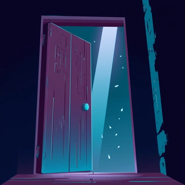 An old wooden door, weathered and creaky, stands slightly ajar, revealing intricate carvings on its surface. The door's wood has a rich, dark brown hue, with visible knots and imperfections that tell a story of age. A narrow beam of light spills into the dark hallway, illuminating dust particles floating in the air. The hallway itself is dimly lit, with shadowy walls that appear worn and textured, creating a sense of mystery. The floor is made of uneven, dark planks, adding to the ambiance of the scene, while the light beam contrasts sharply with the surrounding darkness, inviting curiosity about what lies beyond the door.