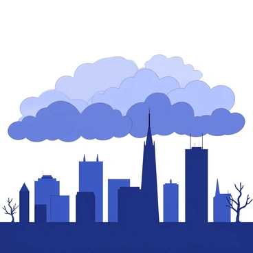 A silhouetted skyline featuring various buildings of different heights and architectural styles. The tallest building has an antenna extending from its roof. Dark clouds of pollution are billowing above the skyline, creating a dense layer that obscures the view of the sky. The clouds have a textured appearance, suggesting heaviness and density. In the foreground, there are silhouettes of bare trees with twisted branches, adding to the scene's starkness. The overall composition captures the contrast between the buildings and the ominous clouds overhead.