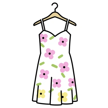 A floral dress with a white background adorned with colorful flowers in shades of pink, yellow, and green. The dress has a fitted bodice that flares out into a flowing skirt, reaching just above the knees. It features thin straps and a sweetheart neckline. The dress is displayed on a simple wooden hanger.