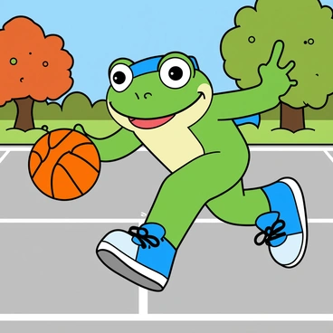 A cartoon-style green frog wearing a vibrant blue headband and matching sneakers is energetically dribbling a bright orange basketball. The frog has large, expressive eyes and a wide smile, showcasing its excitement. The basketball court is outdoors, featuring a light gray surface with white court markings. In the background, there are colorful trees and a clear blue sky. The frog is in a dynamic pose, with one leg slightly raised as it bounces the ball.