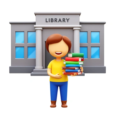 A child with short brown hair wearing a bright yellow shirt and blue jeans is standing in front of a library. The child is smiling as they hold a stack of gently used books, showcasing colorful covers. In the background, the library building is depicted with large windows and a welcoming entrance. The scene conveys a sense of community and sharing, with the child looking excited to donate the books.