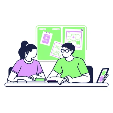 An instructor and a student are seated at a round table in a well-lit classroom. The instructor has medium-length hair tied back and is wearing glasses. They display an engaged expression while reviewing a sketch. The student, with short hair and a focused look, sits across from the instructor. On the table, there is an open notebook, a colorful array of markers, and a tablet displaying digital artwork. The background features a bulletin board with various student illustrations pinned up, showcasing creativity and progress.