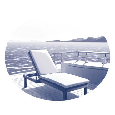 A luxurious lounge chair is positioned on the deck of a yacht. The chair has soft cushions and elegant detailing, inviting relaxation. The deck is made of polished wood, providing a sleek and sophisticated surface. In the background, the ocean stretches out endlessly, with gentle waves lapping against the hull of the yacht. A distant horizon can be seen, where the sky meets the water. The scene conveys a sense of tranquility and comfort, perfect for enjoying the serene ocean view.