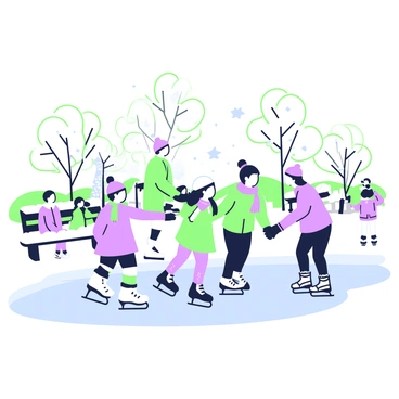 A group of people are ice skating on a frozen pond surrounded by a snowy park. The skaters are wearing warm clothes, including colorful jackets and scarves. Some skaters are gliding gracefully, while others are playfully holding hands. In the background, snow-covered trees are visible, and a few snowflakes are falling gently from the gray sky above. A bench with a snow-laden surface sits along the edge of the pond, where a few spectators are watching the skaters.