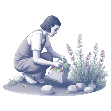 A traditional herb gatherer is crouching in a fynbos patch, carefully examining various plants. The gatherer, dressed in simple, earth-toned clothing, holds a woven basket in one hand, partially filled with freshly picked medicinal herbs. The fynbos vegetation features a dense array of small, fragrant shrubs and colorful flowers, while the landscape showcases rocky terrain in the background. The gatherer's focused expression reflects the importance of the task, as they gently pluck leaves and stems, preserving the delicate plants in their basket.