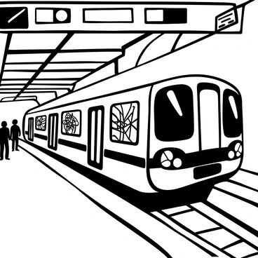 A subway train moving along the tracks, showcasing an intricate design of "graffiti art" painted on its exterior. The train is in a station with platform tiles and people standing on the platform, some looking towards the train. The scene captures the dynamic motion of the train as it glides through the underground tunnels, surrounded by steel beams and overhead lights.