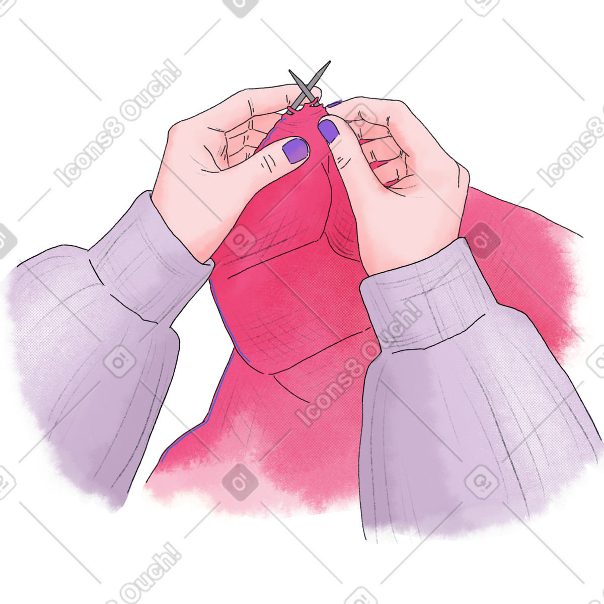 下载 Moments 风格的 Hands knitting pink clothes 插画，支持 PNG、SVG 格式