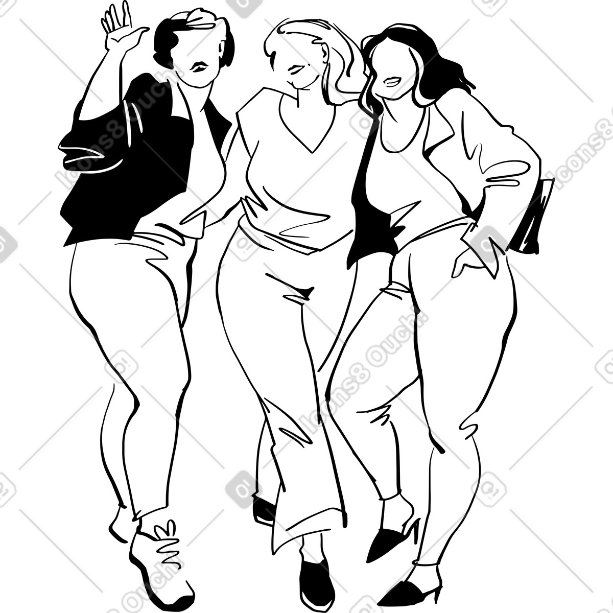 Three fun female friends illustration in Line style download in PNG, SVG