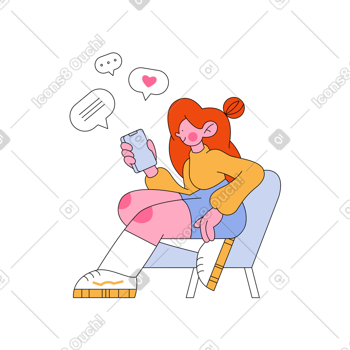 Giovane donna con il telefono che comunica nei social network illustrazione animata in stile Bloom scaricabile in GIF, Lottie (JSON), AE